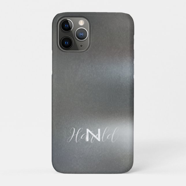 Elegant Dark Grey Brushed Metal Monogram Name Case-Mate iPhone Case (Back)