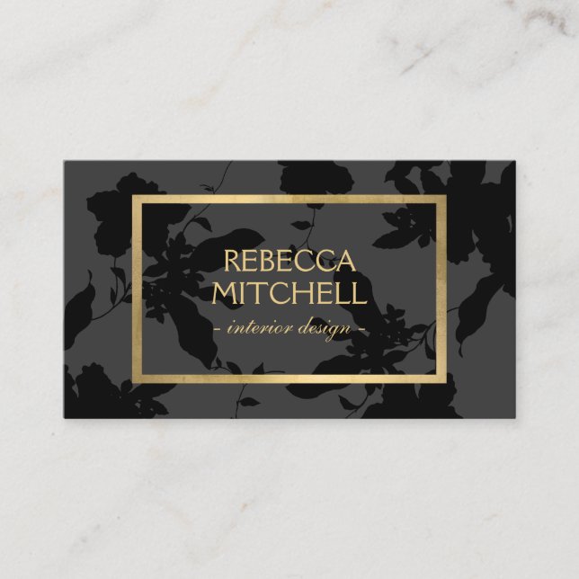 Elegant Dark Grey Floral Pattern with Gold Accents Business Card (Front)