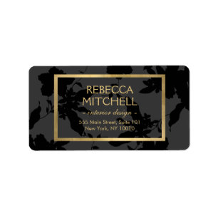 Elegant Dark Grey Floral Pattern with Gold Accents Label