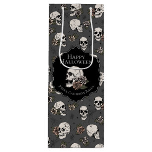Elegant Dark Grey Floral Skulls Halloween Wine Gift Bag