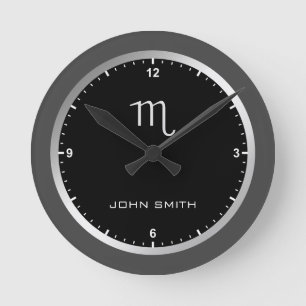 Elegant Dark Grey Frame Zodiac Sign Name Custom Round Clock