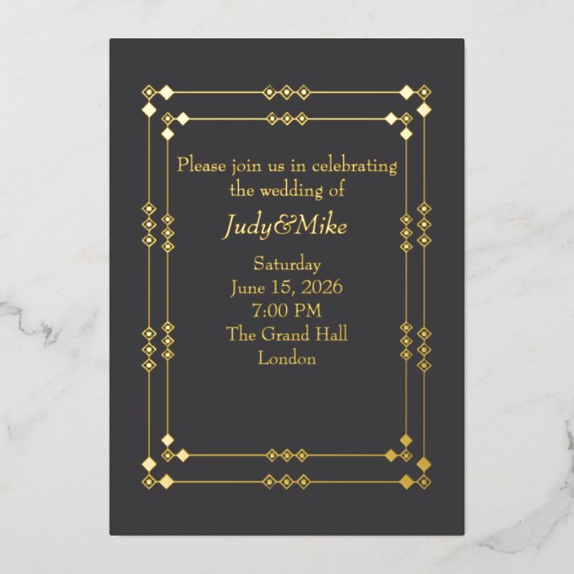 Elegant Dark Grey& Gold Art Deco Foil Invitation (Front)