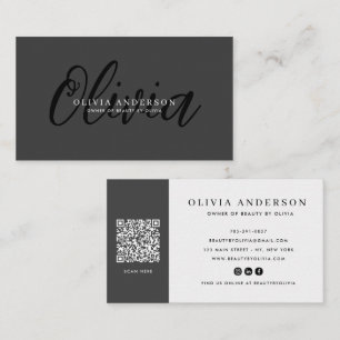 Elegant Dark Grey Handwritten Script Name, QR Code Business Card