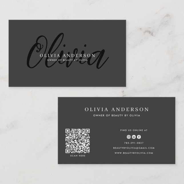 Elegant Dark Grey Handwritten Script Name, QR Code Business Card (Front/Back)