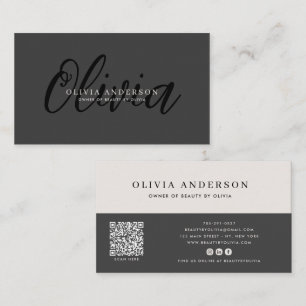Elegant Dark Grey Handwritten Script Name, QR Code Business Card