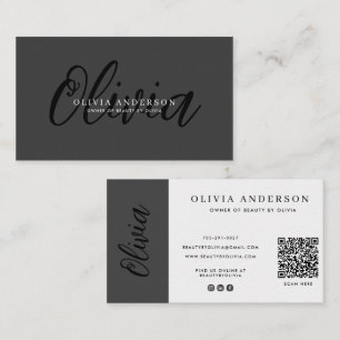 Elegant Dark Grey Handwritten Script Name, QR Code Business Card