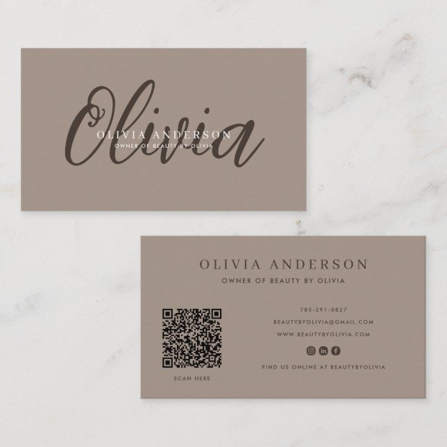 Elegant Dark Grey Handwritten Script Name, QR Code Business Card (Front/Back)
