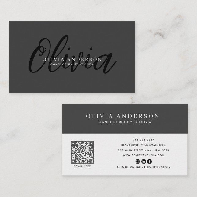 Elegant Dark Grey Handwritten Script Name, QR Code Business Card (Front/Back)