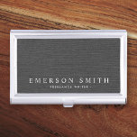 Elegant dark grey linen texture personalised name business card holder<br><div class="desc">Elegant business card holder featuring your name and title on a printed dark grey linen fabric background</div>