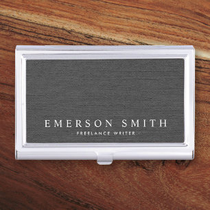 Elegant dark grey linen texture personalised name business card holder