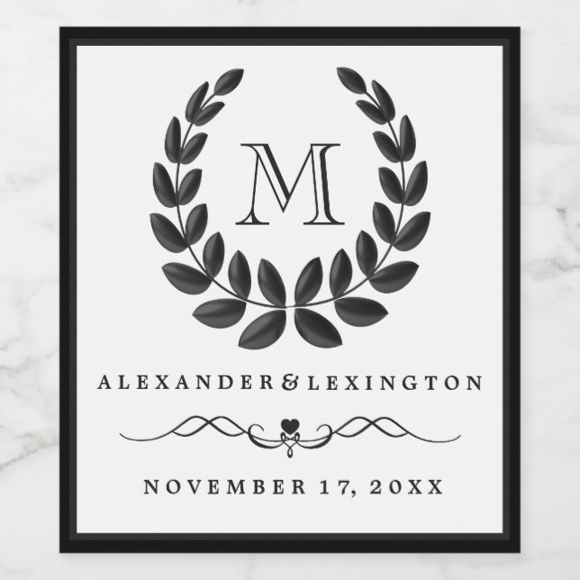 Elegant Dark Grey Monogram Laurel Wreath Wedding Wine Label (Single Label)