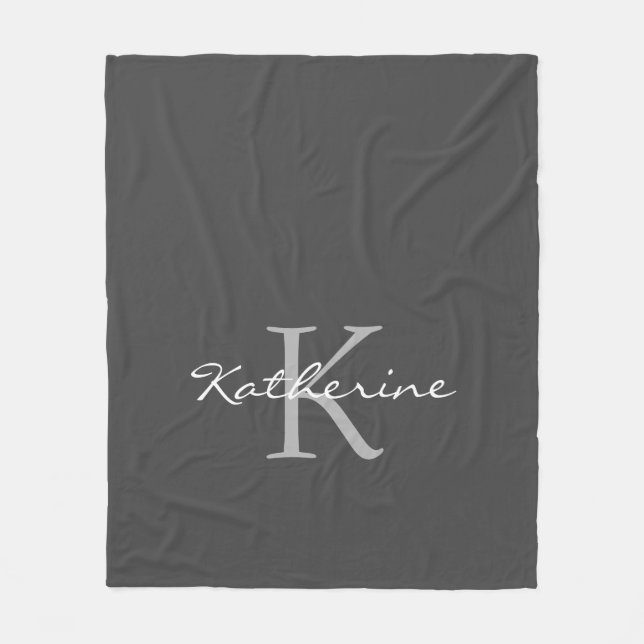 Elegant Dark Grey Script Monogram Personalised Fleece Blanket (Front)
