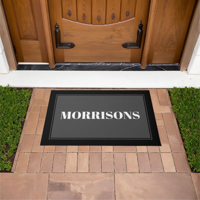 Elegant dark grey white black custom name border doormat (Outdoor)