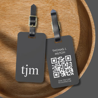 Elegant Dark Grey White Bold Monogram QR Code Luggage Tag