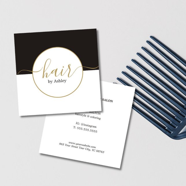 Elegant Dark Grey White Circle Golden Hairdresser Square Business Card (Creator Uploaded)