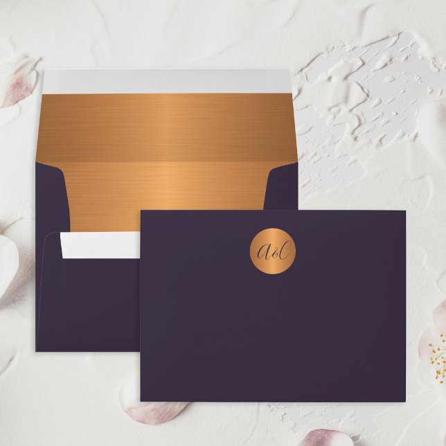 Elegant dark indigo faux copper gold monogrammed envelope (Creator Uploaded)