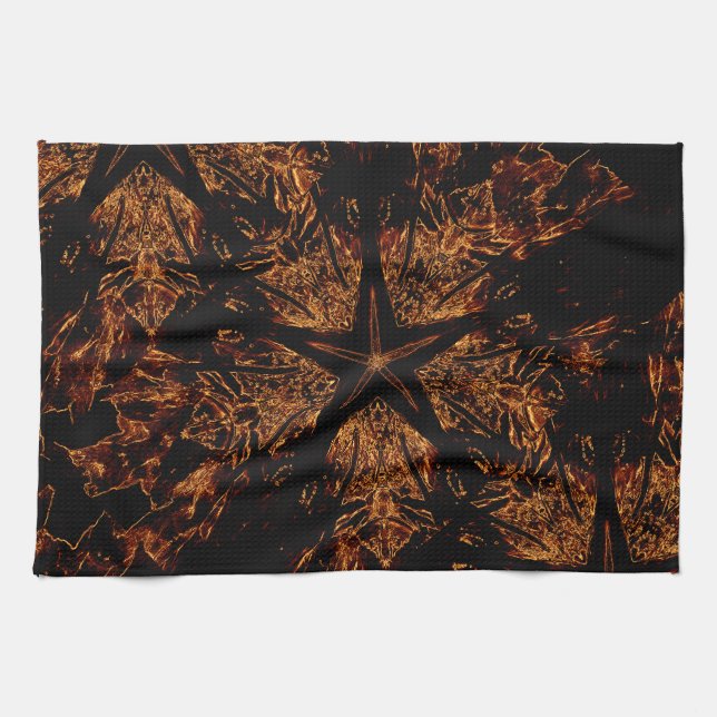 Elegant Dark Kaleidoscopic Design Black Brown Star Tea Towel (Horizontal)