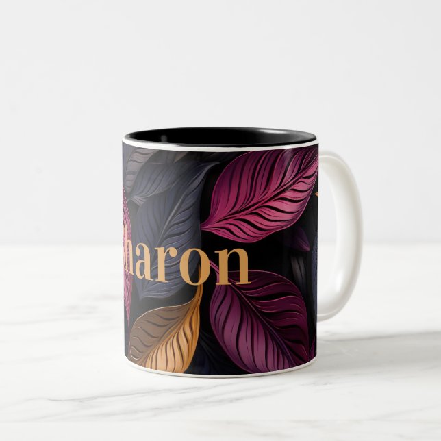 elegant dark leaves pattern with golden name Two-Tone coffee mug (Front Right)