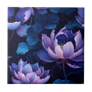 Elegant Dark Lotus Floral Pattern Tile