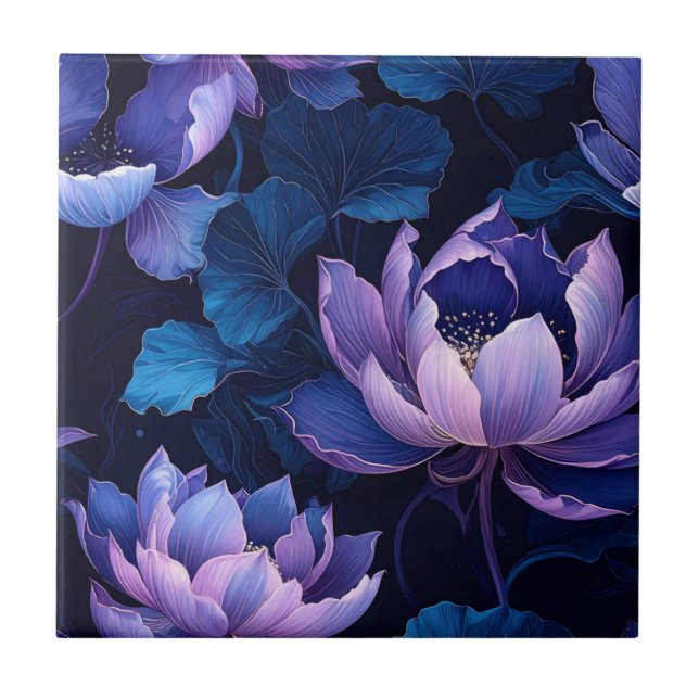 Elegant Dark Lotus Floral Pattern Tile (Front)