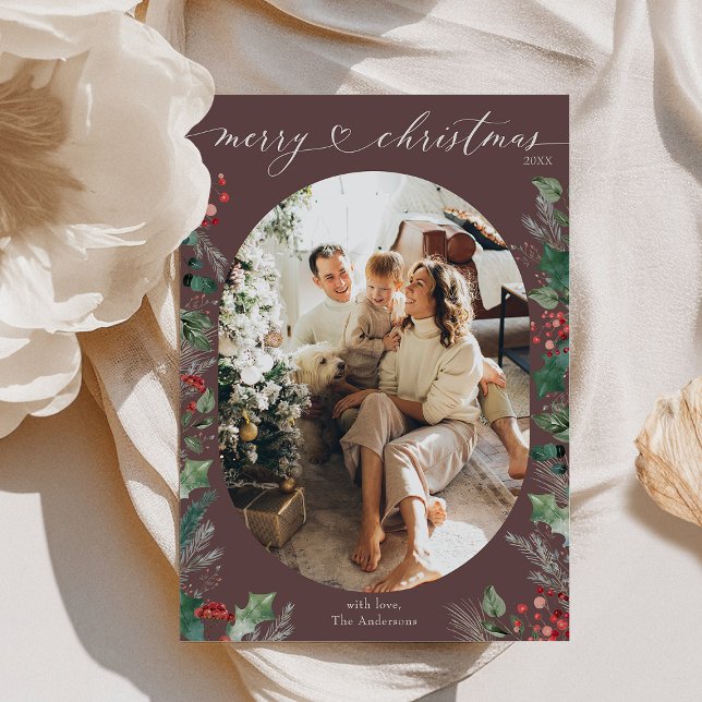Elegant Dark Mauve Merry Christmas Photo  Holiday Card (Creator Uploaded)