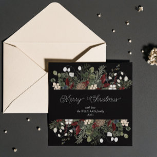 Elegant Dark Merry Botanical Typography Christmas Holiday Card