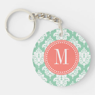 Elegant Dark Mint Damask Personalised Key Ring
