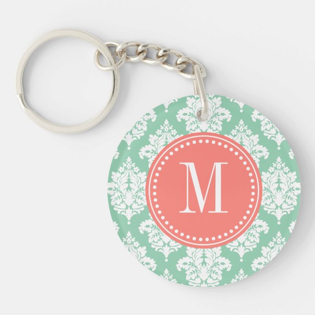 Elegant Dark Mint Damask Personalised Key Ring (Front)