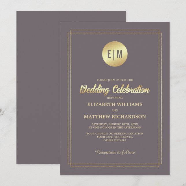 Elegant Dark Mocha Gold Minimalist Wedding Invitation (Front/Back)