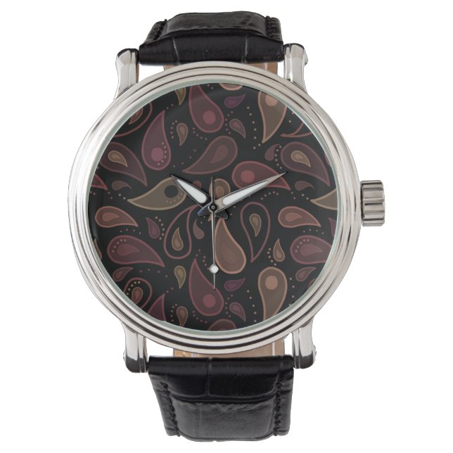 Elegant Dark Modern Paisley Pattern Watch (Front)