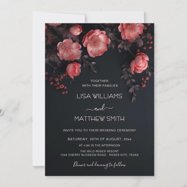 Elegant Dark Moody 3D Roses Wedding Invitation (Front)