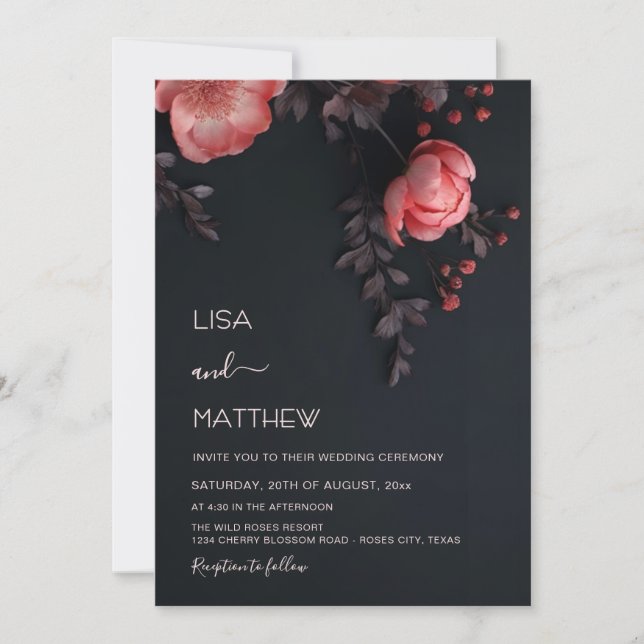 Elegant Dark Moody 3D Roses Wedding Invitation (Front)