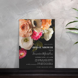 Elegant Dark Moody Coral Pink White Floral Black Invitation