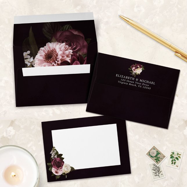 Elegant Dark Moody Floral Burgundy Wedding Envelope (Creator Uploaded)