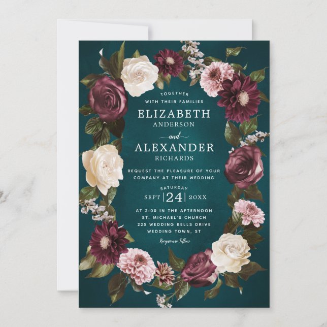 Elegant Dark Moody Floral Teal Wedding  Invitation (Front)