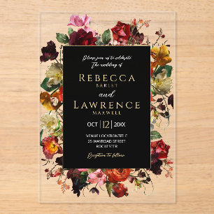 Elegant dark moody flowers black wedding acrylic invitations