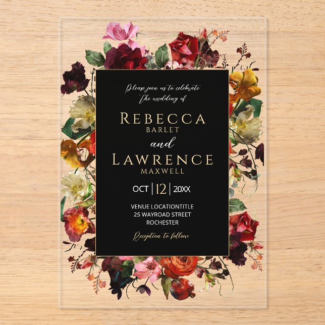 Elegant dark moody flowers black wedding acrylic invitations (Front)
