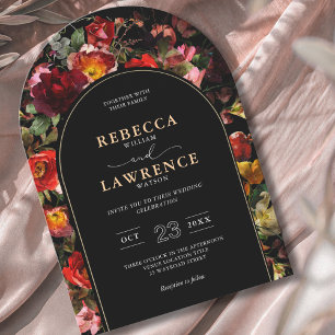 Elegant dark moody flowers frame arched wedding invitation