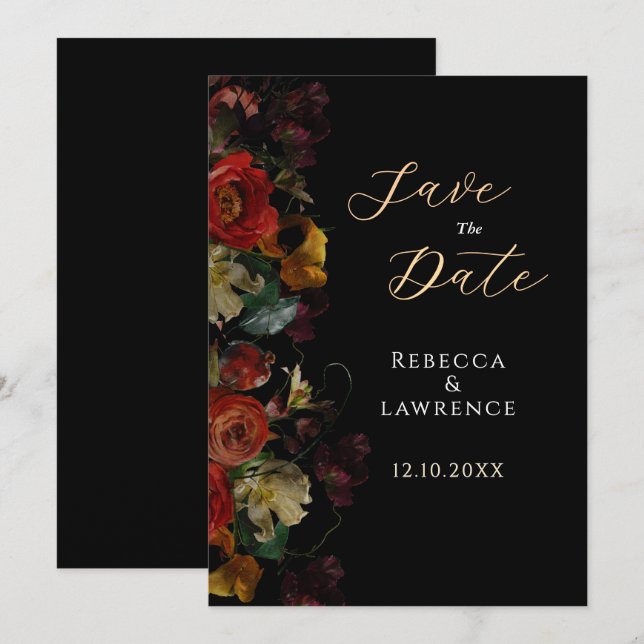 Elegant dark moody flowers wedding save the date (Front/Back)