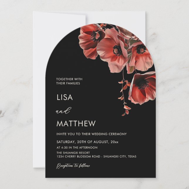 Elegant Dark Moody Red Flowers Arched Invitation (Front)