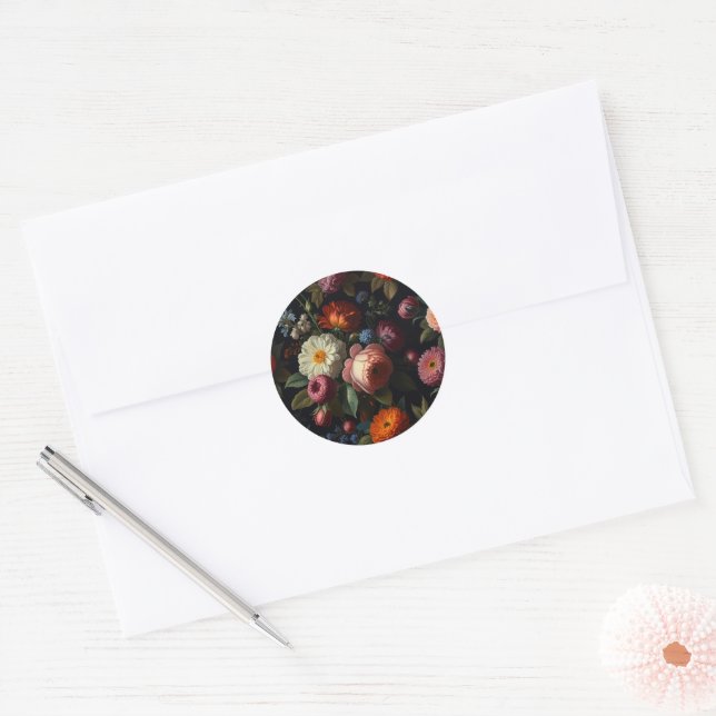 Elegant dark moody vintage florals classic round sticker (Envelope)