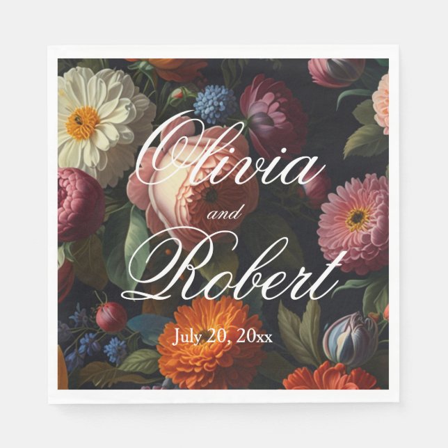 Elegant dark moody vintage florals napkin (Front)