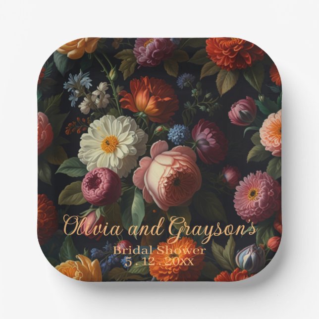Elegant dark moody vintage florals paper plate (Front)