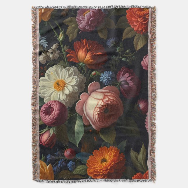 Elegant dark moody vintage florals throw blanket (Front Vertical)