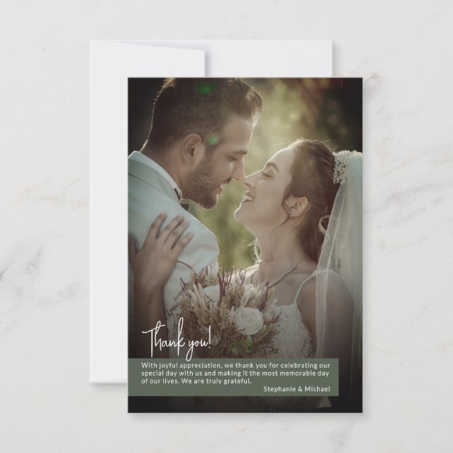 Elegant Dark Moss Green Photo Banner Wedding Thank You Card (Front)