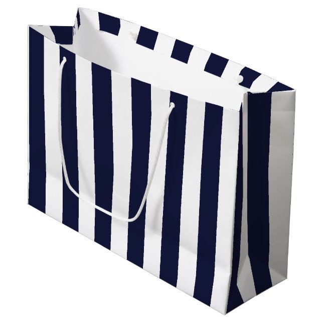 Elegant Dark Navy Blue and White Striped Pattern Large Gift Bag (Front Angled)