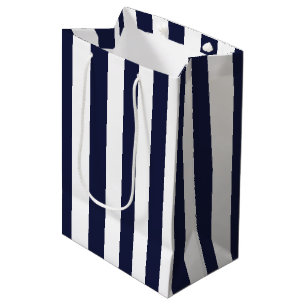 Elegant Dark Navy Blue and White Striped Pattern Medium Gift Bag