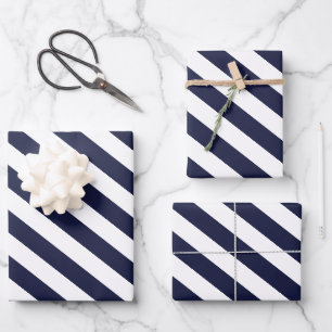 Elegant Dark Navy Blue and White Striped Pattern Wrapping Paper Sheet