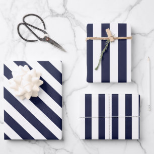 Elegant Dark Navy Blue and White Striped Pattern Wrapping Paper Sheet