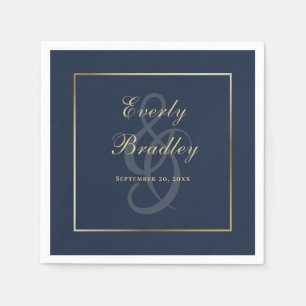 Elegant Dark Navy Blue Gold Border Script Napkin